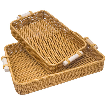 GIB Woven Baskets Serving Trays with Handle, Small Rectangle PP Wicker Rattan Trays Bread Basket for Serving Food, Vegetables, Breakfast, Coffee Table Decor, 14" & 12", Set of 2