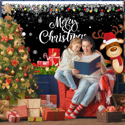 Irenare Christmas Banner Backdrop, Black Santa Claus Reindeer Merry Christmas Banner 72.8 X 43.3 Inch Indoor for Xmas Holiday Party Photo Booth Photography Wall Hanging Decor