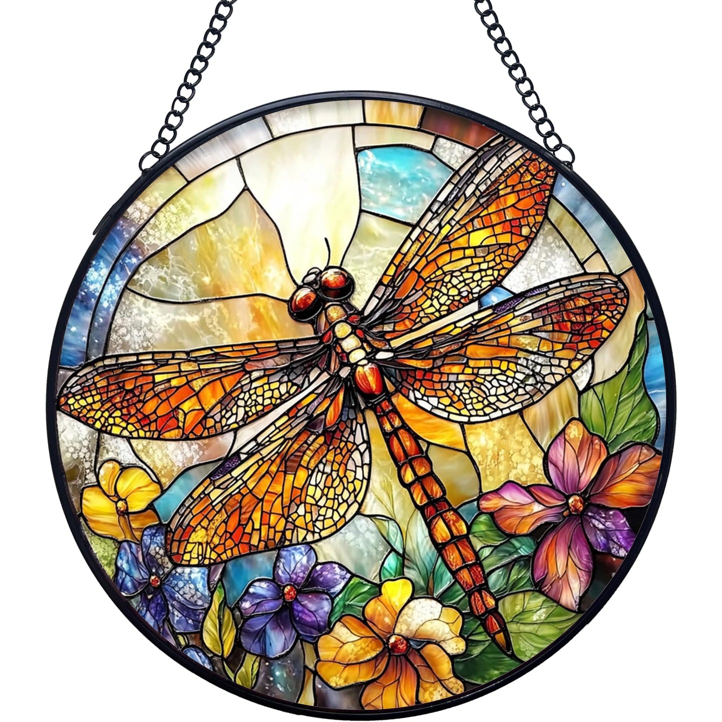 Yjeslw Dragonfly Flower Stained Glass Window Hanging Suncatchers, Dragonfly Sun Catchers Indoor Window Glass Wall Art Decor, Nature Insect Floral Wall Hanging Decorations Sculptures, 7.9x7.9in