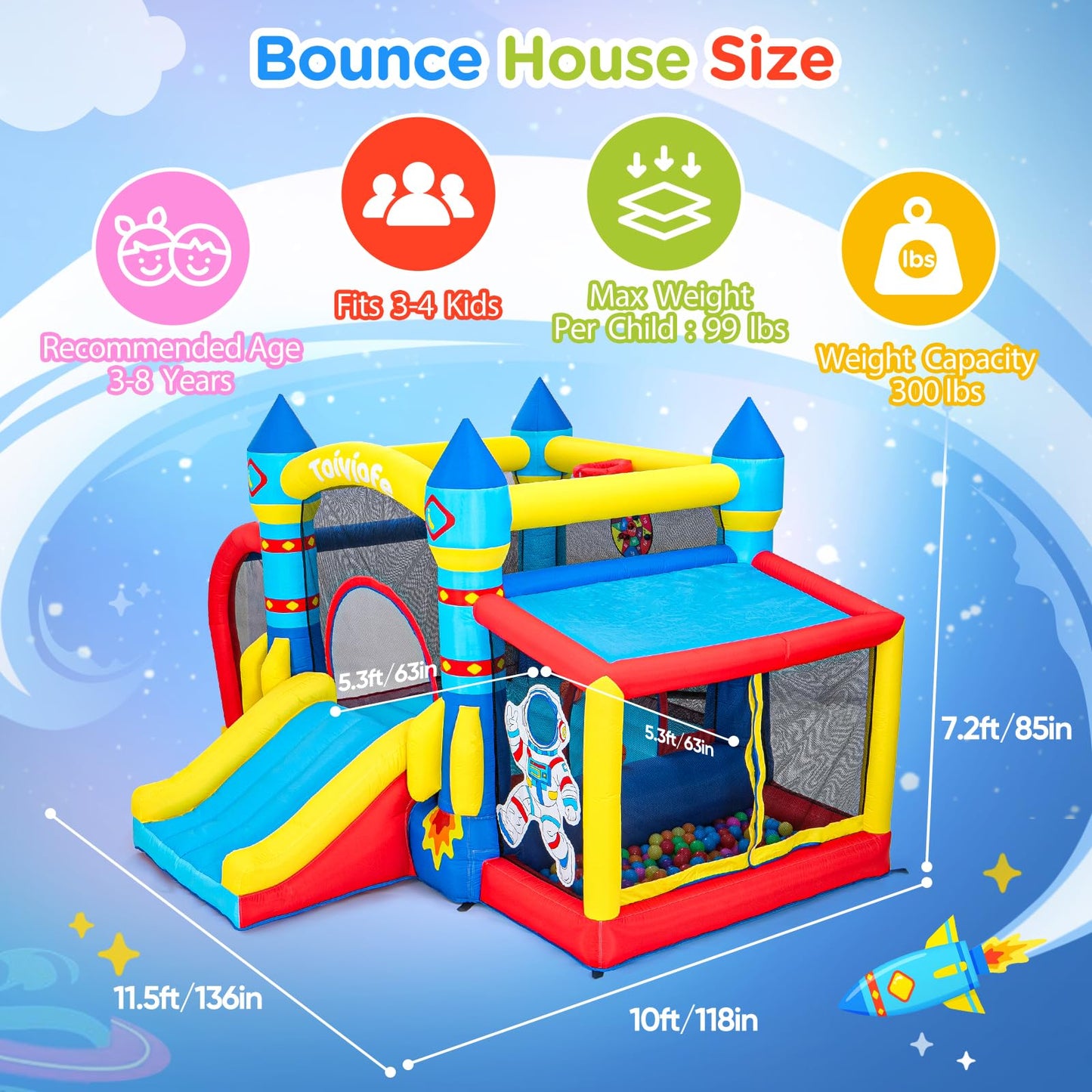 Bounce House for Kids 3-6, Space Adventure 11.5FT × 10FT Inflatable Bouncy Castle, with Slide & Ball Pit & Hoop & Soccer Goal & Blower, 7-in-1 for Indoor Outdoor Backyard Toddlers' Birthday Party