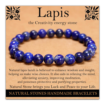 Handmade Natural Gemstone Elastic Bracelet - Healing Crystal Beads Jewelry, Unisex (Lapis Lazuli, 8mm)