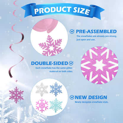 24 Pcs Snowflake Decorations Winter Snowflake Hanging Swirl Decorations Snow Flakes Garland Christmas Winter Wonderland Ceiling Decor Silver Blue Purple Snow Flakes Party Decor