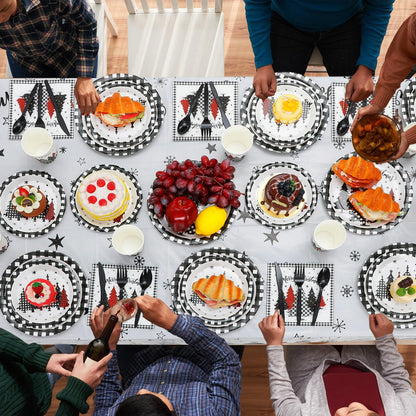 Funnymoom 452 Pcs Christmas Tree Party Supplies for 50, Black Buffalo Plaid Gingham Christmas Paper Plates Napkins Cups Tablecloth Cutlery Straws Tableware Set for Xmas Holiday Party Decorations