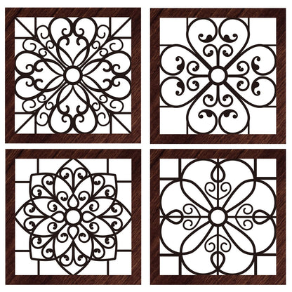 Yulejo 4 Piece Thicken Rustic Wall Decor - Wooden Hollow Carved Design Rustic Wall Art for Living Room, Bedroom, Hallway, Office, Kitchen (Brown, Black)
