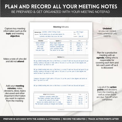 Templatables Meeting Minutes Note Taking Professional Notepad | Plan, Record and Track Actions, Agendas from all your Important Meetings Desk Pad | 50 Undated Tear Away Sheets A4 | Mono