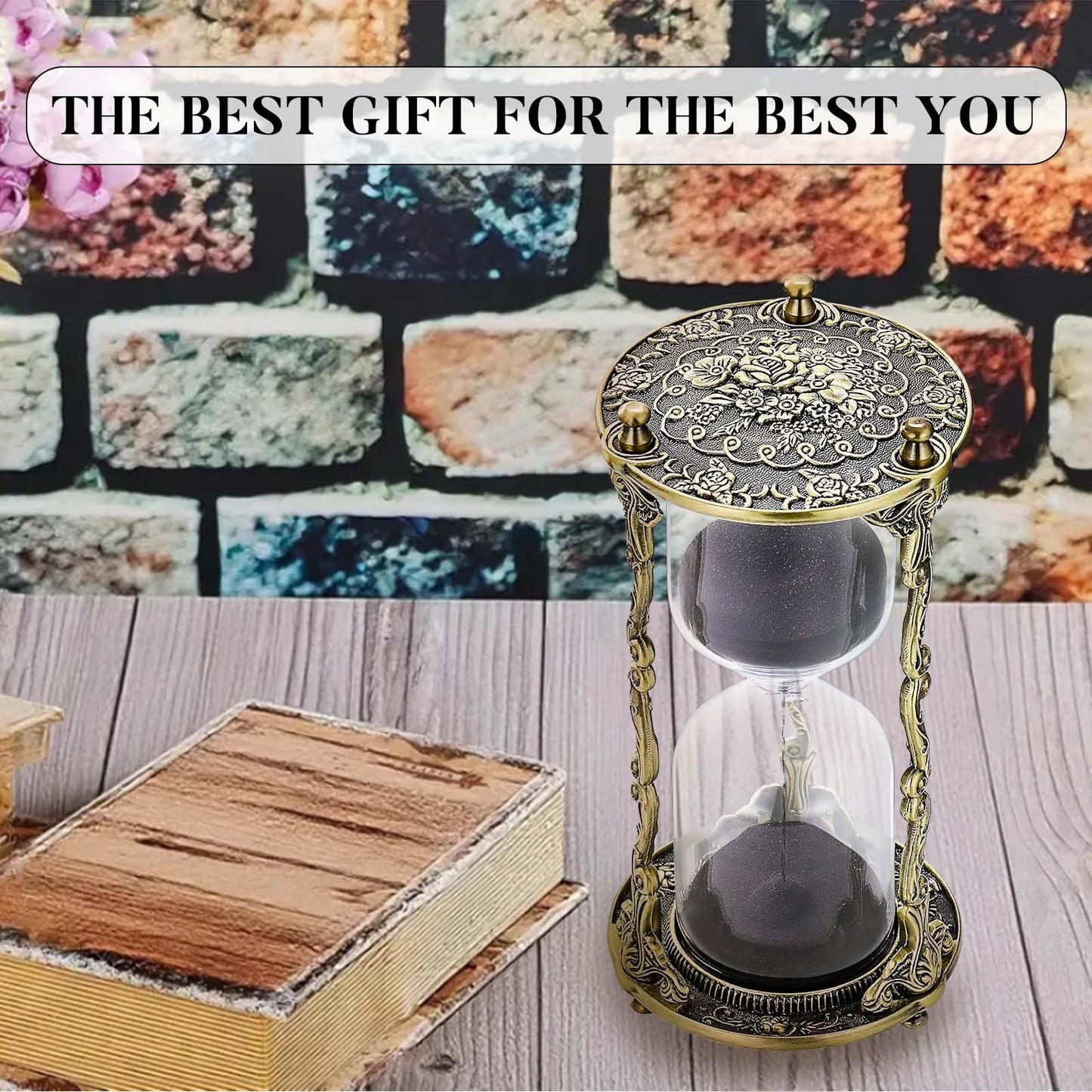 SuLiao Hourglass Sand Timer 60 Minute, 60 Min Mandala Rose & Engraving Brass Sand Clock,Metal Iron Black Sand Timer, Antique Reloj De Arena,Unique 1 Hour Glass Sandglass for Gift Office Desk Decor