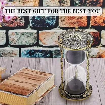 SuLiao Hourglass Sand Timer 60 Minute, 60 Min Mandala Rose & Engraving Brass Sand Clock,Metal Iron Black Sand Timer, Antique Reloj De Arena,Unique 1 Hour Glass Sandglass for Gift Office Desk Decor