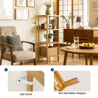 Garvee 4-Tier Bamboo Shelf Narrow Bathroom Shelf with Slatted Shelves Natural Wood Plant Stand Standing Towel Rack Corner Rack for Bathroom Entryway Bedroom Kitchen Sunroom