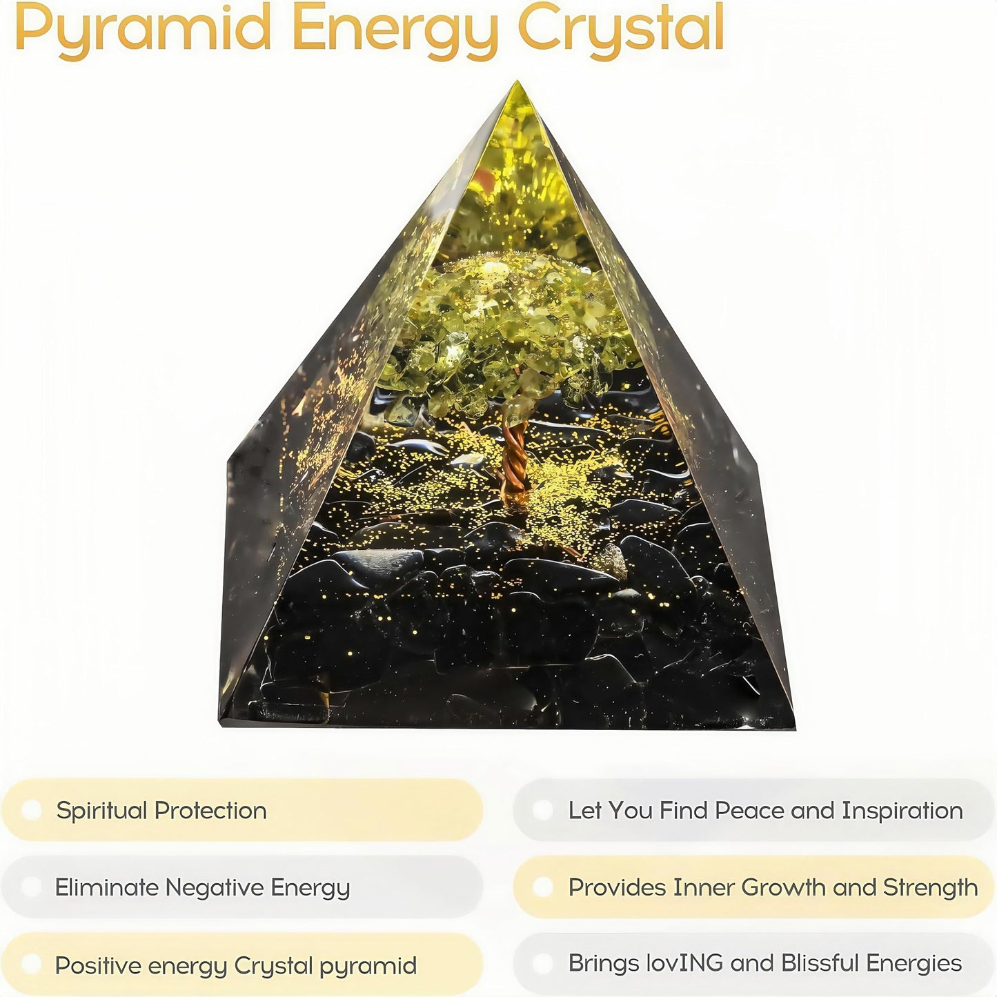 EternalOrgone Tree of Life Orgone Pyramid for Positive Energy, Orgonite Peridot&Obsidian Healing Crystal for Reduce Stress Chakra Reiki Healing Meditation Attracts Lucky and Success