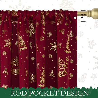 NICETOWN 2 Panels Christmas Red Rod Pocket 42 x 36 Inch Valance Curtains - Holiday Themed Window Treatment for Living Room, Bedroom, Study, Dining Room, Kids Room - Gold Stamping Design