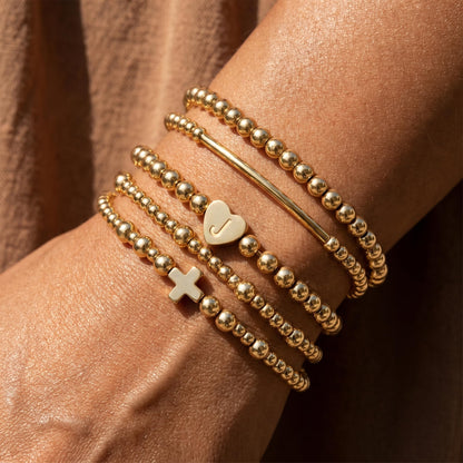 14K Gold Cross Beaded Initial Bracelet Stack for Women,Dainty Stretch Gold Plated Letter “J” Stackable Bracelets Bohemian Layered Prom Party Accessories Jewelry Gift Friendship