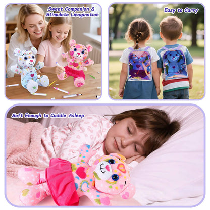 DRAWMYTOY Stuffed Animal Coloring Plush Toy Bear with 20 Washable Markers Laser Holographic Backpack Road Trip Car Game Writing Painting Set for Girls Doodle Dolls Kids Ages 3-6 Birthday (Pink Bear)