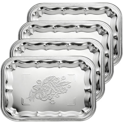 4 Pcs Large Silver Serving Trays, 15.7" x 11.8" Stainless Steel Rectangle Serving Tray, Decorative Silver Plates, Floral Engraved Tray, Metal Sizzler Plates for Coffee Table, Bar, Party, Club, Home