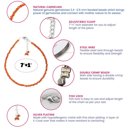 Gempires Handmade Carnelian Gemstone Beaded Bracelet for Women | 2.4–2.5 mm Faceted Natural Stone | Adjustable 7+1 Inch Silver Plated Chain | Dainty Minimalist Stacking Jewelry | Orange Stone Gift