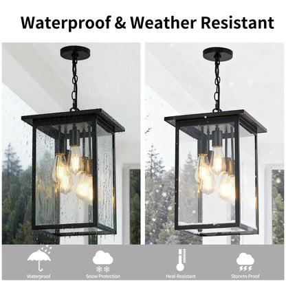 Modern Outdoor Pendant Light with Dual E26 Base Socket, Black Chandelier with Clear Glass Shade, Exterior Hanging Lantern for Front Porch Entrance Foyer Entryway