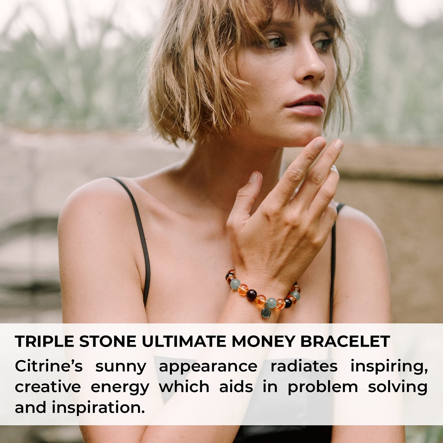 Crystal Agate Triple Stone Money Bracelet - Beaded Stretch Bracelet with Citrine, Red Garnet & Green Aventurine - Meditation, Motivational & Spiritual Gift for Men and Women - 10mm Beads