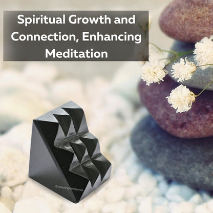 Amazing Gemstone Shungite Crystal Pyramid with 9 Pyramid Plate Bottom - 1" Mini Pyramid Figurine of Natural Stone Pyramid for Meditation, Reiki, Chakra Balancing Vastu Pooja and Crystal Grids
