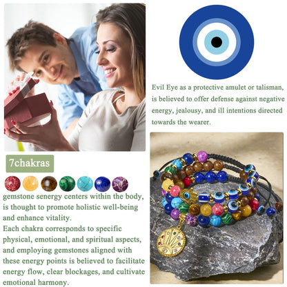 Bivei Evil Eye Bracelet Natural Semi Precious Gemstone Beads 7 Chakra Crystal Stone Beaded Adjustable Braided Bracelets for Women Men Yoga Meditation(Evil Eye)