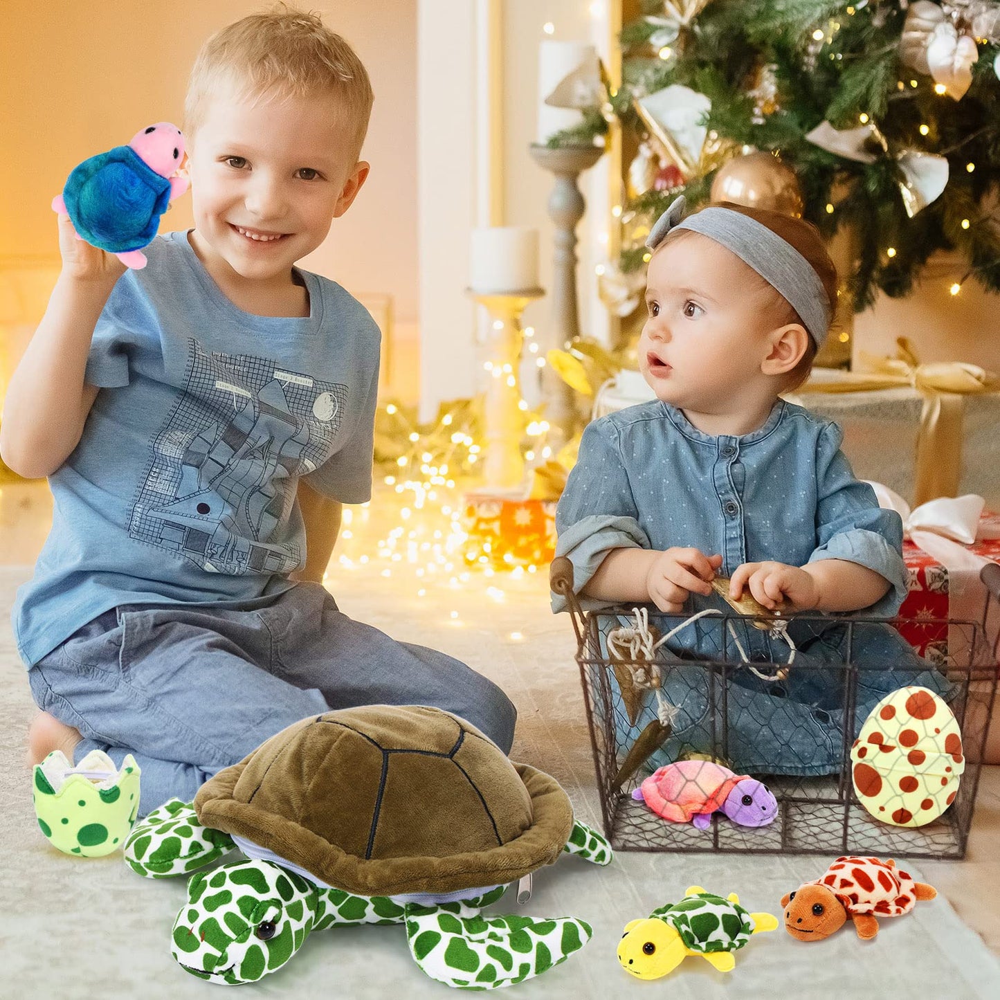 Aoriher 6 Pieces Sea Turtle Stuffed Animal with Babies 12" Mommy Stuffed Sea Turtle with 3 Little Plush 2 Plush Eggs Soft Pillow Tortoise Hugging Gifts for Kids Birthday Baby Shower Party(Modern)