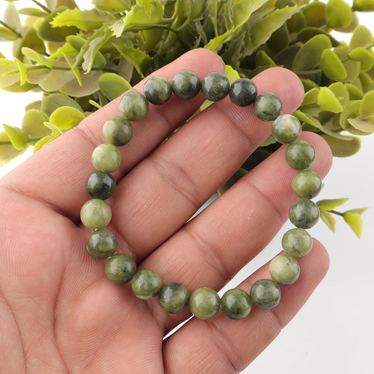 Anagha Jewels Natural Nephrite Jade Crystal Beaded Bracelet For Men Women, Handmade 8mm Round Nephrite Jade Beads Stretchable Bracelet 7.5", Green Stone Bracelet, Chakra Reiki Healing Bracelet
