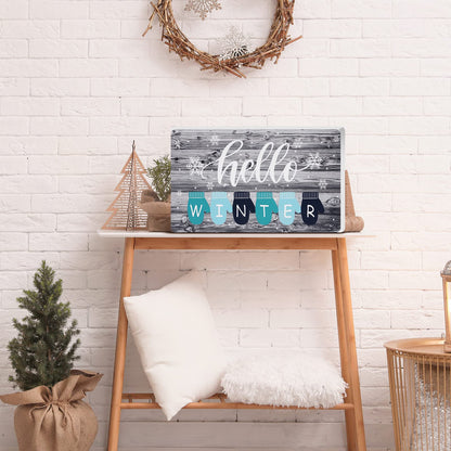 Yalikop Hello Winter Wood Sign for Home Farmhouse Decor 9 x 5.3 Inch Winter Table Centerpiece Freestanding Decor Wooden Cutout Decoration