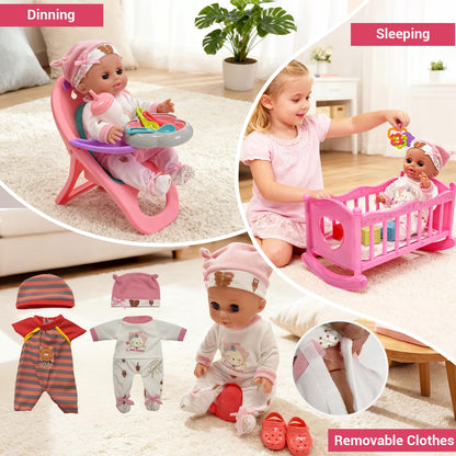 Baby Doll Toys Set with Stroller, Crib, Dining Chair, Realistic Doll Accessories for Kids Pretend Play, Dolls Care Toys Playset for Girls Toddler Ages 3 4 5 6