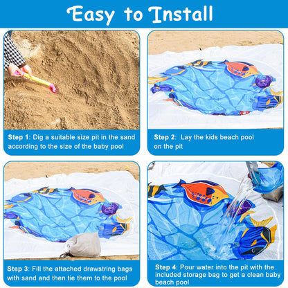 6.5 X 6.5 Ft Baby Beach Pool, 2 in 1 Portable Kids Beach Play Pool Puddle Toddler Beach Blanket and Kiddie Pools Blue Cartoon Childs Sand Pit Paddling Pools with Water Bag for Boy Girl Outdoor Camping