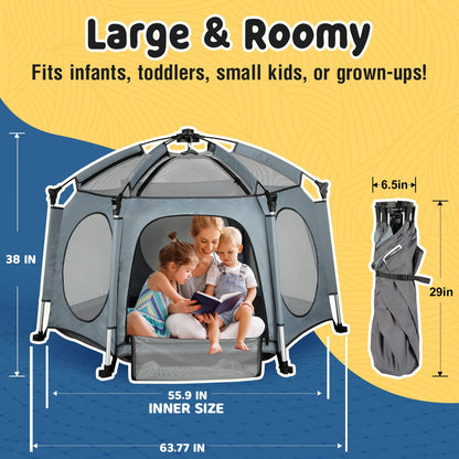 PRObebi Portable Pop Up Playpen for Babies and Toddlers - Grey Lightweight Outdoor Play Yard with Three Sun-Shade - Beach and Indoor Use with Travel Bag