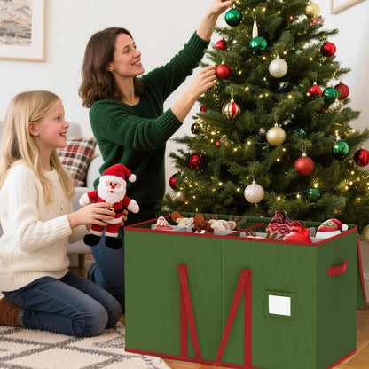 Christmas Figurine Storage Box for 15-Inch Figurines and Nutcrackers, Holiday Decor Organizer with Adjustable Dividers, 8 Slots and 2 Pockets, Dual Zippers, 600D Oxford, 24.8"x12.2"x15.2" ,Green