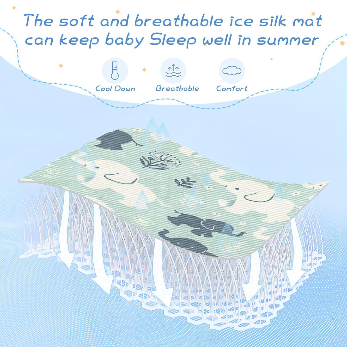 Burbuja Baby Cooling Mat Baby Elephant Bed Pad Ice Silk Cool Mat for Crib Mattress, Sleeping Pad with Pillowcase for Girl Boy, 28x52 in