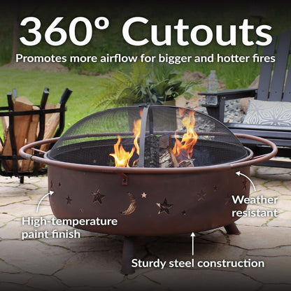 Sunnydaze Cosmic 42-Inch Large Outdoor Fire Pit - Wood-Burning Fire Pit with Round Spark Screen, Poker, and Built-in Grate