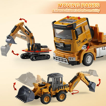 Construction Carrier Trucks Toy Set – Alloy Inertia Driving 1:40 & 1:55 Simulation Model Vehicles Toys, Including Excavator, Double Arm Excavator – Gifts for Ages 3-8, Boys and Girls
