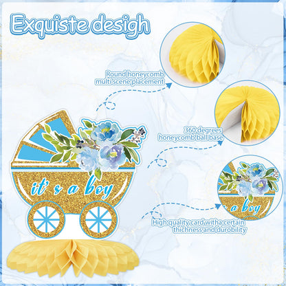 Tarklanda 12Pcs Baby Shower Honeycomb Centerpieces Party Decor for Boys,Blue Gold Floral It's a Boys Gender Reveal 3D Table Centerpieces Decoration for Kids Baby Shower Party Photo Props Supplies