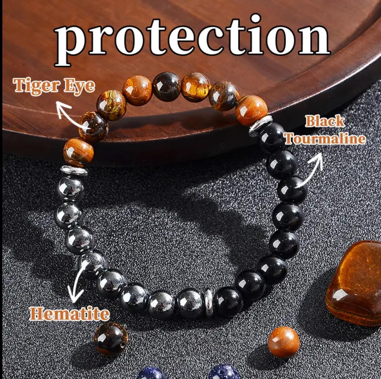 Triple Protection Healing Crystal Beaded Bracelet – Tiger Eye, Black Tourmaline & Hematite Natural Stone Jewelry – Strength & Positive Energy Gift for Men & Women – Christmas & Anniversary