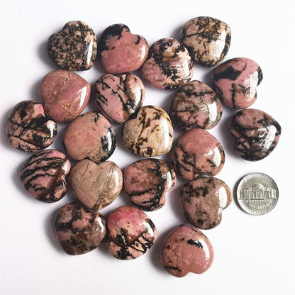 Bacatgem 3 Pcs Natural Rhodonite Pocket Palm Thumb Healing Crystal Heart Love Worry Stones,1 inches Reiki Balancing Crystal and Healing Stones
