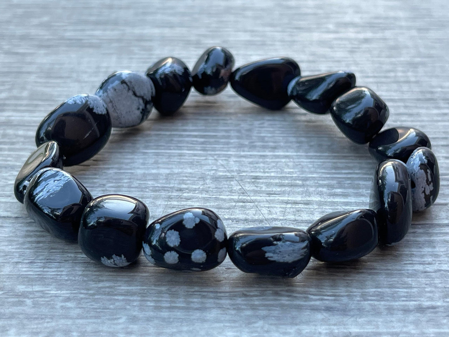 GAF TREASURES Snowflake Obsidian Crystal Nugget Bracelet, Genuine Snowflake Obsidian Tumbled Gemstone Bracelet, Healing Crystal Bracelet, Gift for Men & Women (1)