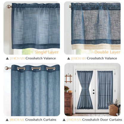 jinchan Linen Valance for Farmhouse Living Room Windows 16 Inch Slubbed Crossed Double Layer Window Valance Light Filtering Rustic Country Overlay Rod Pocket 1 Panel Navy Blue
