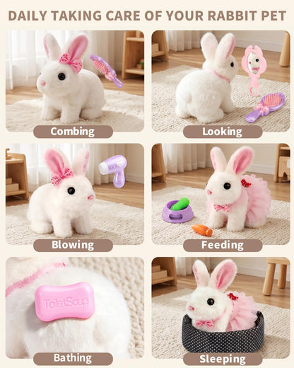 Eohemeral 23 Pcs Hopping Bunny Toy for Kids 3-5 5-7, Electronic Interactive Rabbit with Backpack, Wiggling Ears Squeaking Plush Pet, Pretend Play Easter Birthday Gifts for Girls 4 6 8 Year Old
