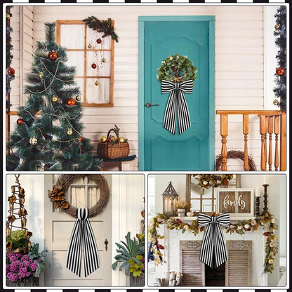 2 Pack Boxwood Wreath Sash Garland for Front Door Porch Decor (Black and White Stripe)