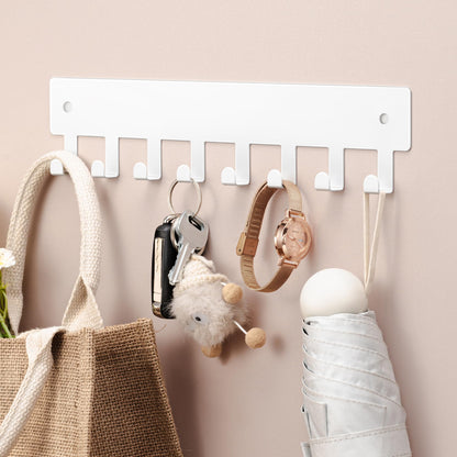 pickpiff Key Holder Wall Mount, Adhesive Key Rack with 8 Hooks Hanger for Car Key Ring, Metal Key Chain Organizer, White 1 Pack