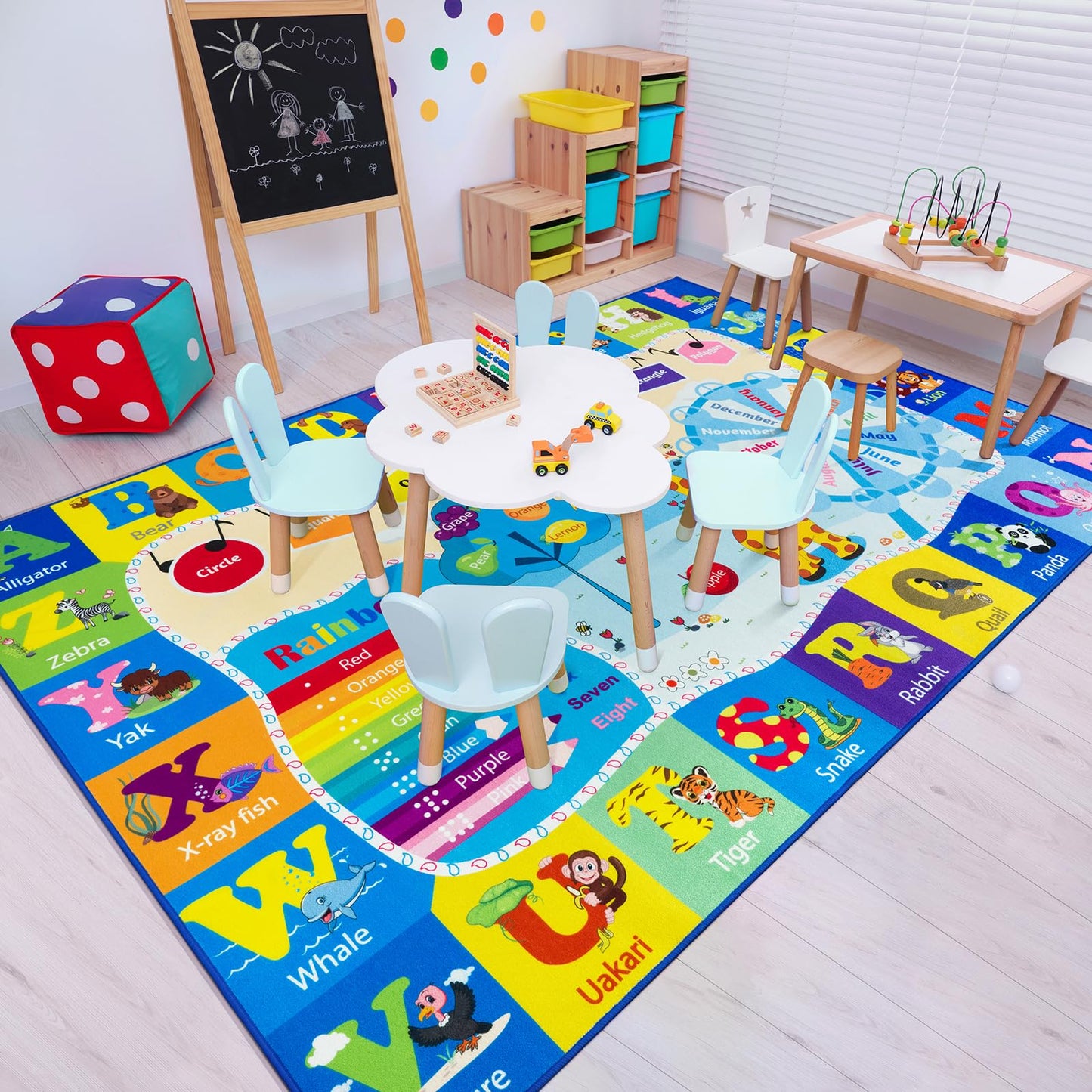 B BENRON 4x6 Playroom Rugs for Kids Washable, Educational and Fun Playmat with ABC Alphabet Animals Shapes Colors, Non-Slip Play Mat Learning Rugs for Baby Toddler Children Game Activity, Blue