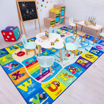 B BENRON 4x6 Playroom Rugs for Kids Washable, Educational and Fun Playmat with ABC Alphabet Animals Shapes Colors, Non-Slip Play Mat Learning Rugs for Baby Toddler Children Game Activity, Blue