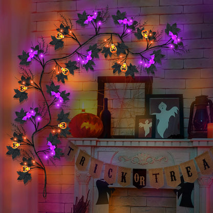 6FT 54 LED Willow Vine Twig Decor Black Halloween Garland with Pumpkin Bat Orange & Purple Light, 8 Modes Waterproof Battery Operated Indoor Halloween Decorations