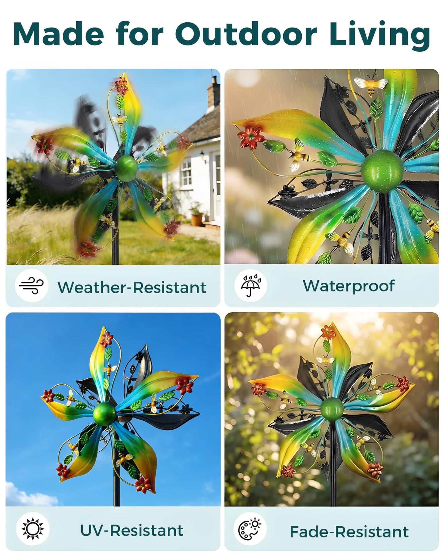 Gronhof Wind Spinners Outdoor,Kinetic Wind Sculptures & Spinners, 57" Double-Side Metal Wind Spinner for Yard and Garden, Lawn Art Decorations Flower & Bee