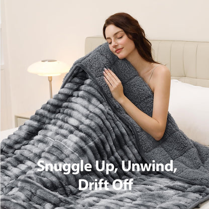 UINIU Sherpa Fleece Weighted Blanket with 3D Ribbed Stripes, 15 lbs Soft Flannel Heavy Throw Blanket for Couch Bed Sofa, Heavy Thick Blankets with Glass Beads, Great for Sleep, 48" x 72"