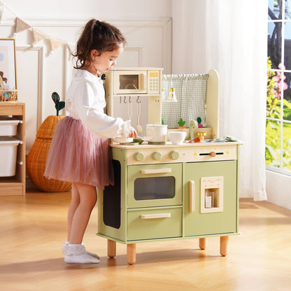 ROBUD Wooden Play Kitchen Set, Pretend Play Kitchen for Kids, Toy Kitchen with Microwave, Sink, Stove and Ice Maker, Toddlers Kitchen Playset Gift for Boys Girls, 3+ (Green)