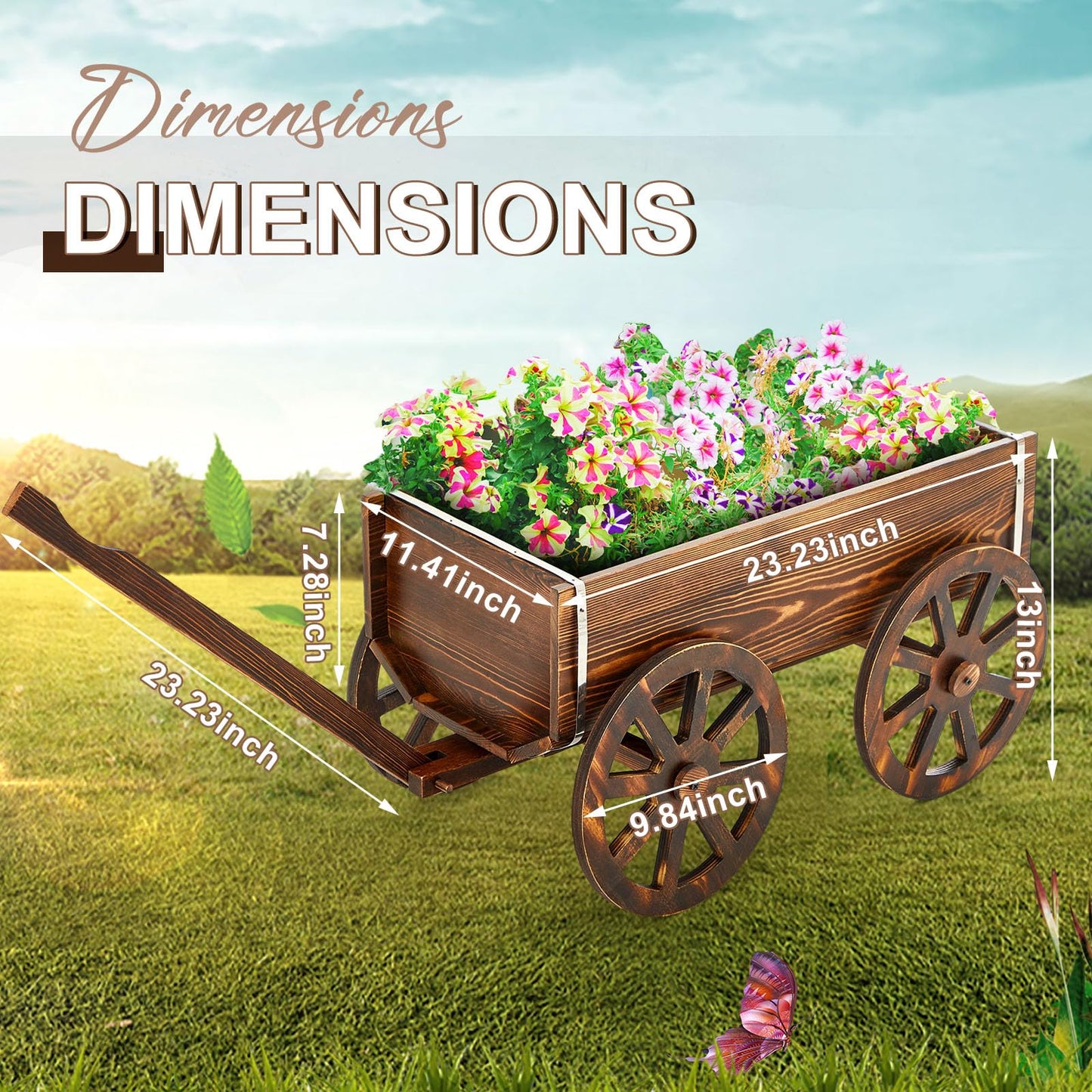 Beeveer Wooden Wagon Flower Planter Cart Garden Planter Box with Wagon Wheels Cart for Home Garden Outdoor Balcony Decorative, Patio Flowers Herbs Vegetables, Brown 23.23 x 11.41(Classic)