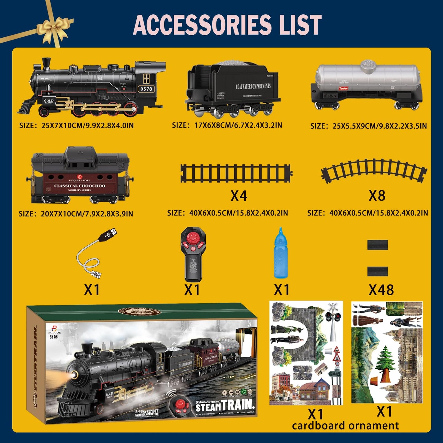 Electric Remote Control Train Set Christmas Trains Steam Locomotive, Cargo Car & Tracks, Rechargeable Train Toys for Kids w/3 Smoke,Whistle & Lights, Christmas Birthday Gift for Boys Girls 3 4 5 6 7