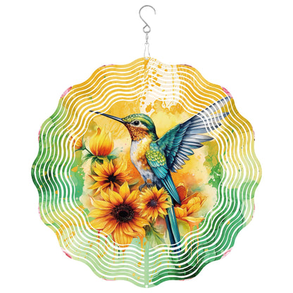 Hummingbird Wind Spinner Outdoor, Gift for Women Men, Hanging Metal Wind Catcher with 5" Sunflower Center Pendant, 12" 3D Stainless Steel Kinetic Art for Garden Yard