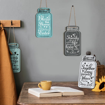 Jetec 4-Piece Mason Jar Wall Hanging Plaque Set - Rustic Farmhouse Decor Signs - Bless This Home, Family, Together, Love, Life, Home, Forever - Wooden Wall Mount - Approx. 8.3 x 4.5 x 0.24 Inches